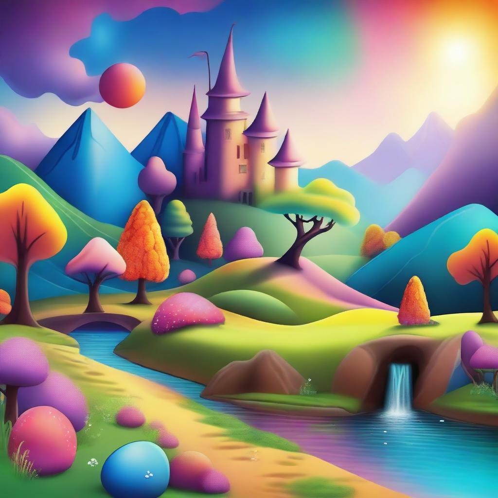 A whimsical and imaginative scene featuring a fantasy landscape with vibrant colors and magical elements.