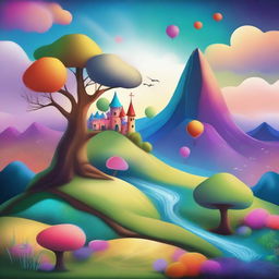 A whimsical and imaginative scene featuring a fantasy landscape with vibrant colors and magical elements.