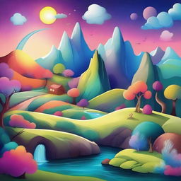 A whimsical and imaginative scene featuring a fantasy landscape with vibrant colors and magical elements.