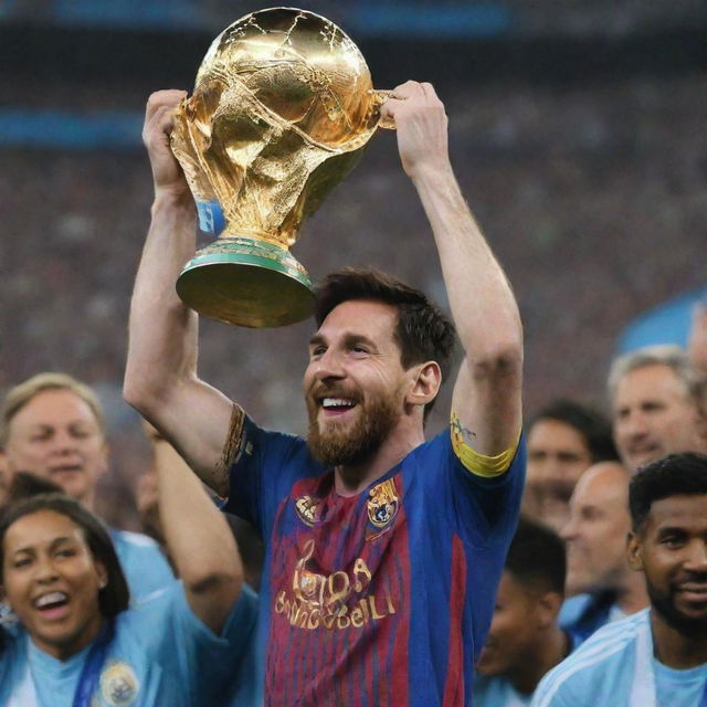 A Renaissance-style painting showcasing Lionel Messi triumphantly lifting the World Cup trophy.