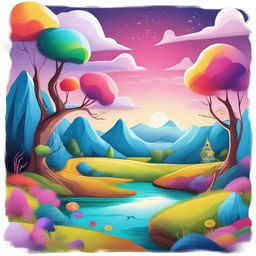 A whimsical and imaginative scene featuring a fantasy landscape with vibrant colors and magical elements.