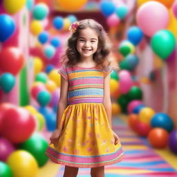 A young girl wearing a small dress, standing in a whimsical and colorful environment with a joyful expression