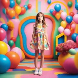 A young girl wearing a small dress, standing in a whimsical and colorful environment with a joyful expression