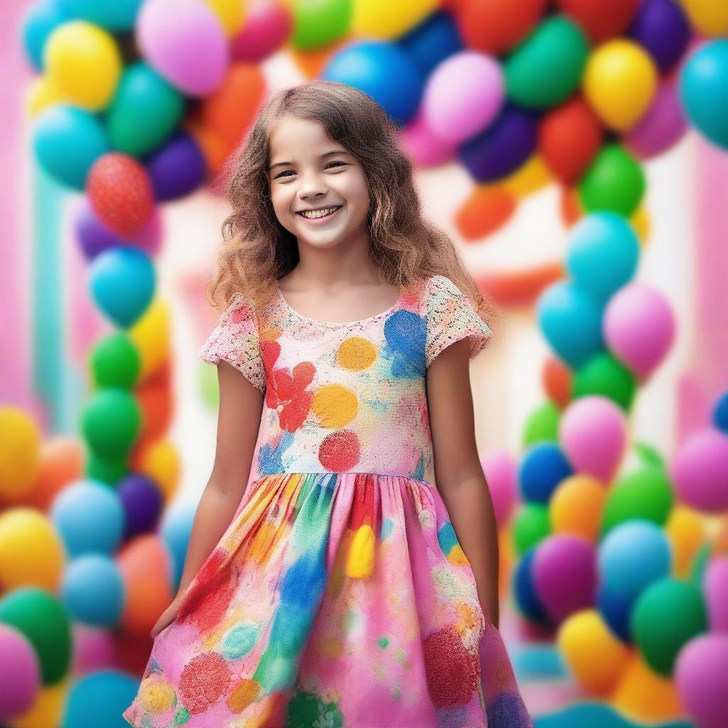 A young girl wearing a small dress, standing in a whimsical and colorful environment with a joyful expression