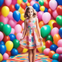 A young girl wearing a small dress, standing in a whimsical and colorful environment with a joyful expression