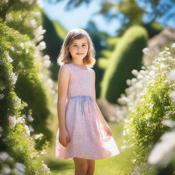 A young girl wearing a small dress, standing in a garden with flowers blooming around her