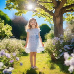 A young girl wearing a small dress, standing in a garden with flowers blooming around her