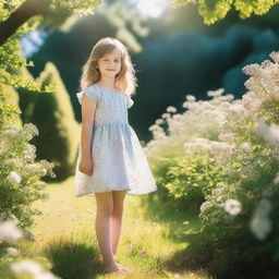 A young girl wearing a small dress, standing in a garden with flowers blooming around her