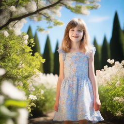 A young girl wearing a small dress, standing in a garden with flowers blooming around her