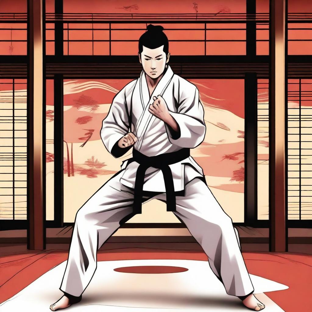 A detailed illustration of a person wearing a traditional gi, practicing martial arts in a dojo