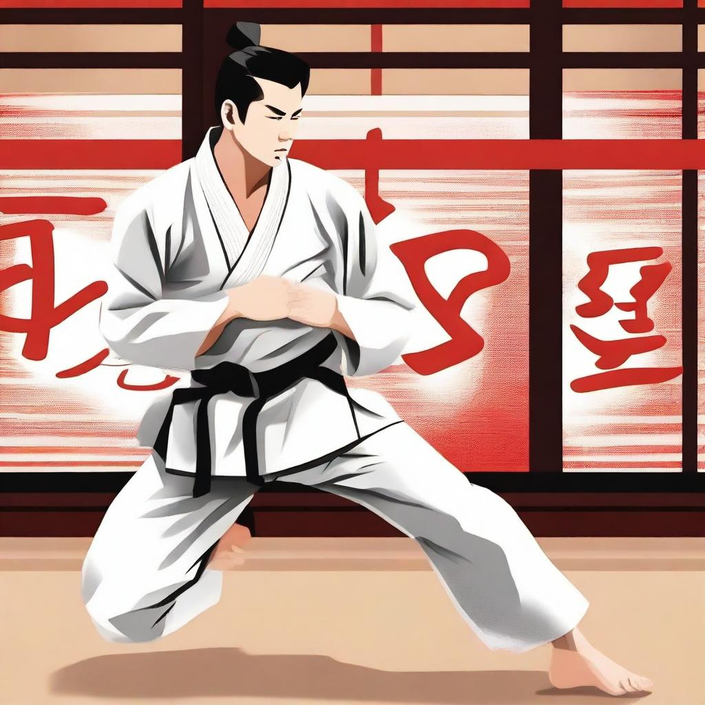 A detailed illustration of a person wearing a traditional gi, practicing martial arts in a dojo