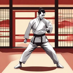 A detailed illustration of a person wearing a traditional gi, practicing martial arts in a dojo