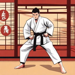 A detailed illustration of a person wearing a traditional gi, practicing martial arts in a dojo