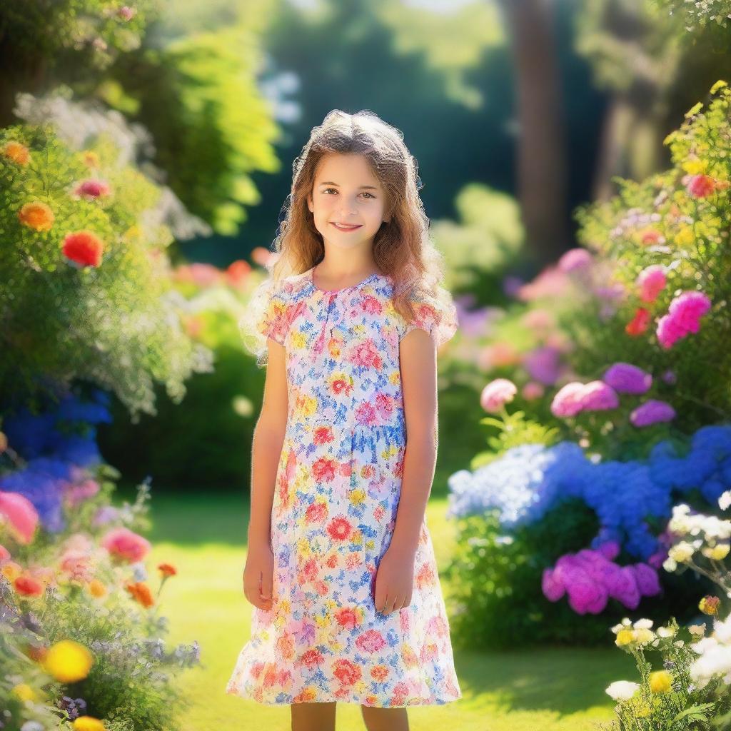 A young girl wearing a small dress, standing in a beautiful garden filled with colorful flowers