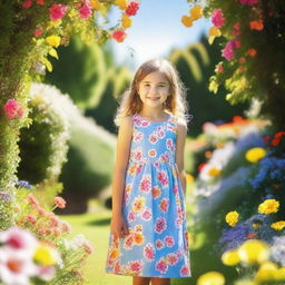 A young girl wearing a small dress, standing in a beautiful garden filled with colorful flowers