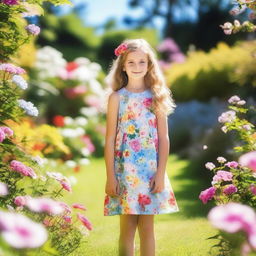 A young girl wearing a small dress, standing in a beautiful garden filled with colorful flowers