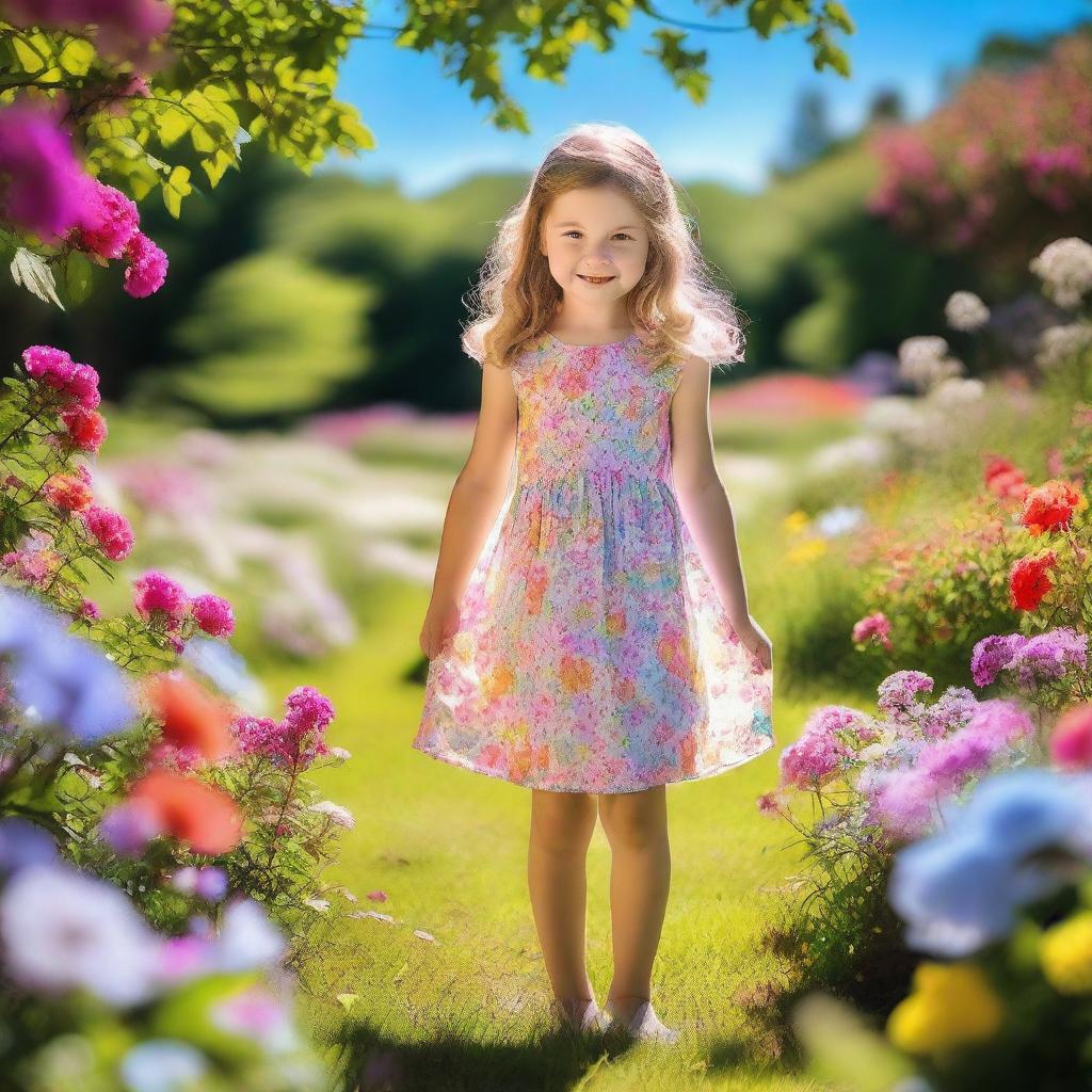 A young girl wearing a small dress, standing in a beautiful garden filled with colorful flowers