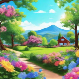 A beautiful sunny day with a clear blue sky, featuring a vibrant landscape filled with colorful flowers and lush green trees