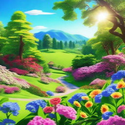 A beautiful sunny day with a clear blue sky, featuring a vibrant landscape filled with colorful flowers and lush green trees