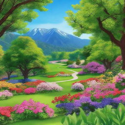 A beautiful sunny day with a clear blue sky, featuring a vibrant landscape filled with colorful flowers and lush green trees