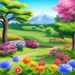 A beautiful sunny day with a clear blue sky, featuring a vibrant landscape filled with colorful flowers and lush green trees