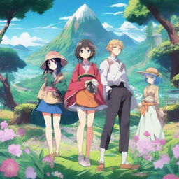 A vibrant and detailed anime scene featuring expressive characters, set in a fantastical world with lush landscapes and intricate backgrounds