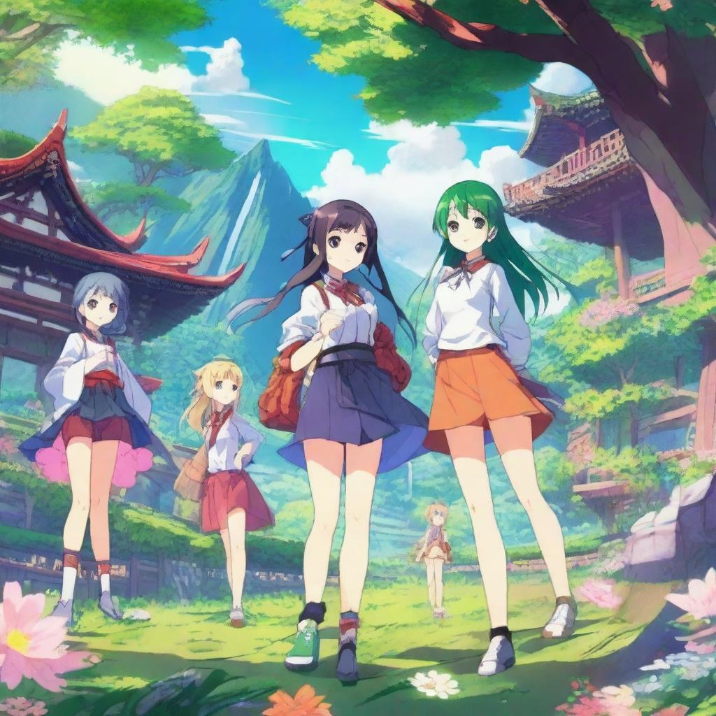 A vibrant and detailed anime scene featuring expressive characters, set in a fantastical world with lush landscapes and intricate backgrounds