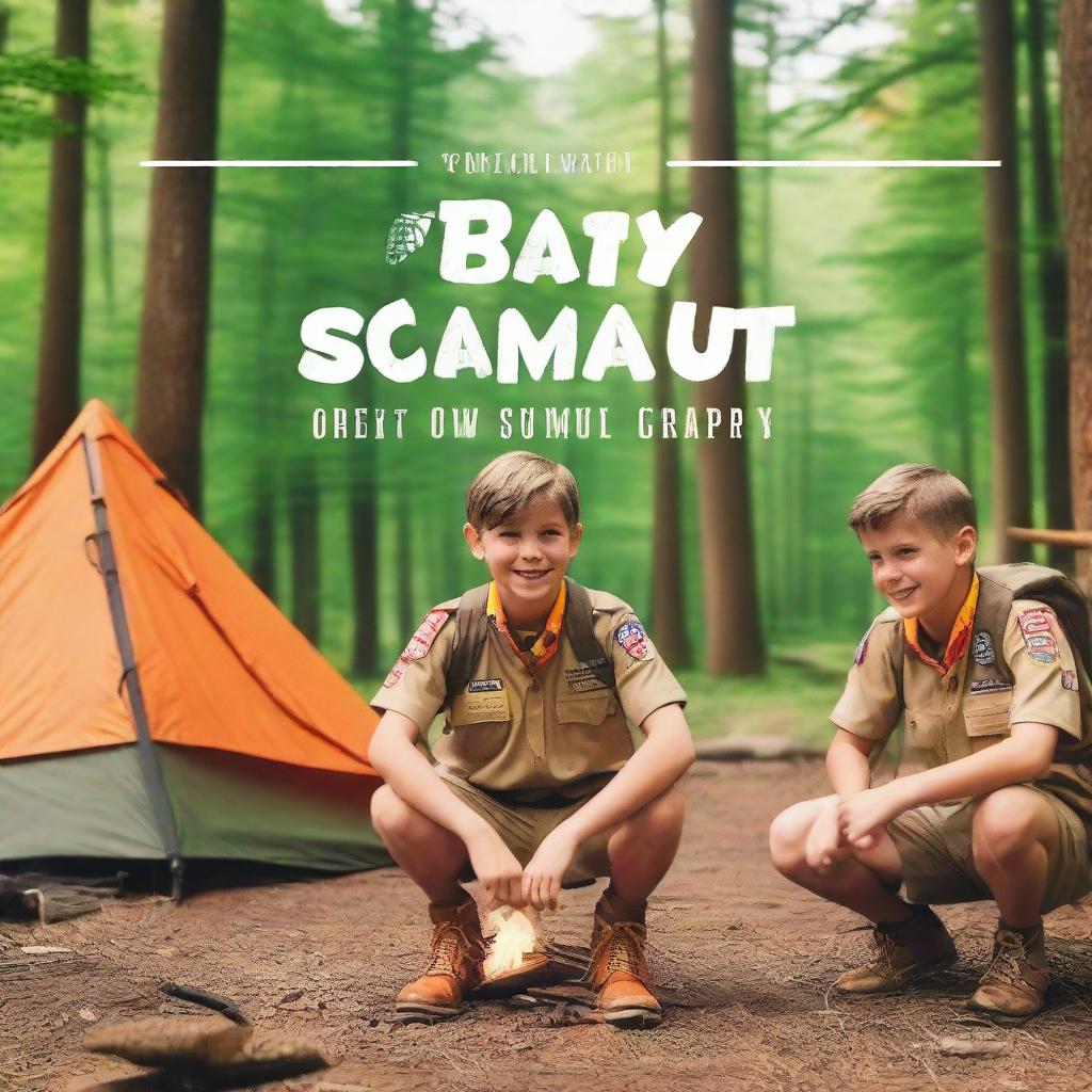 Create a vibrant and engaging YouTube thumbnail for a summer camp montage video with a boy scout theme