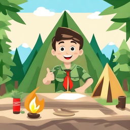 Create a vibrant and engaging YouTube thumbnail for a summer camp montage video with a boy scout theme