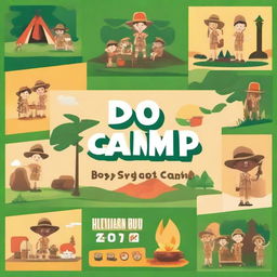 Create a vibrant and engaging YouTube thumbnail for a summer camp montage video with a boy scout theme