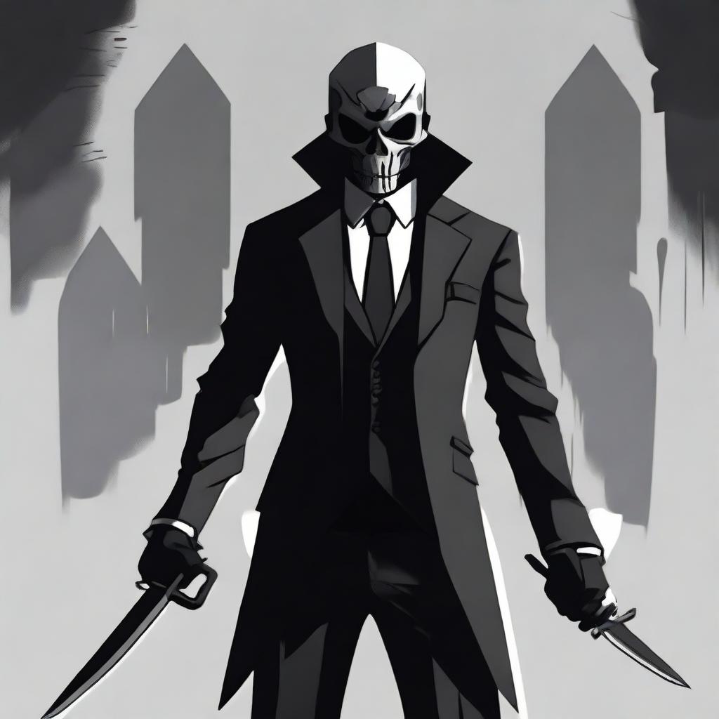 A thief wearing a skull mask, dressed in a black suit, holding two daggers in his hands