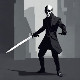 A thief wearing a skull mask, dressed in a black suit, holding two daggers in his hands