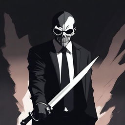 A thief wearing a skull mask, dressed in a black suit, holding two daggers in his hands