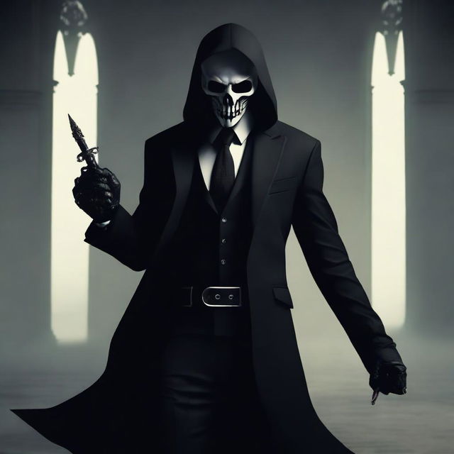 A thief wearing a skull mask, dressed in a black suit, holding two daggers in his hands