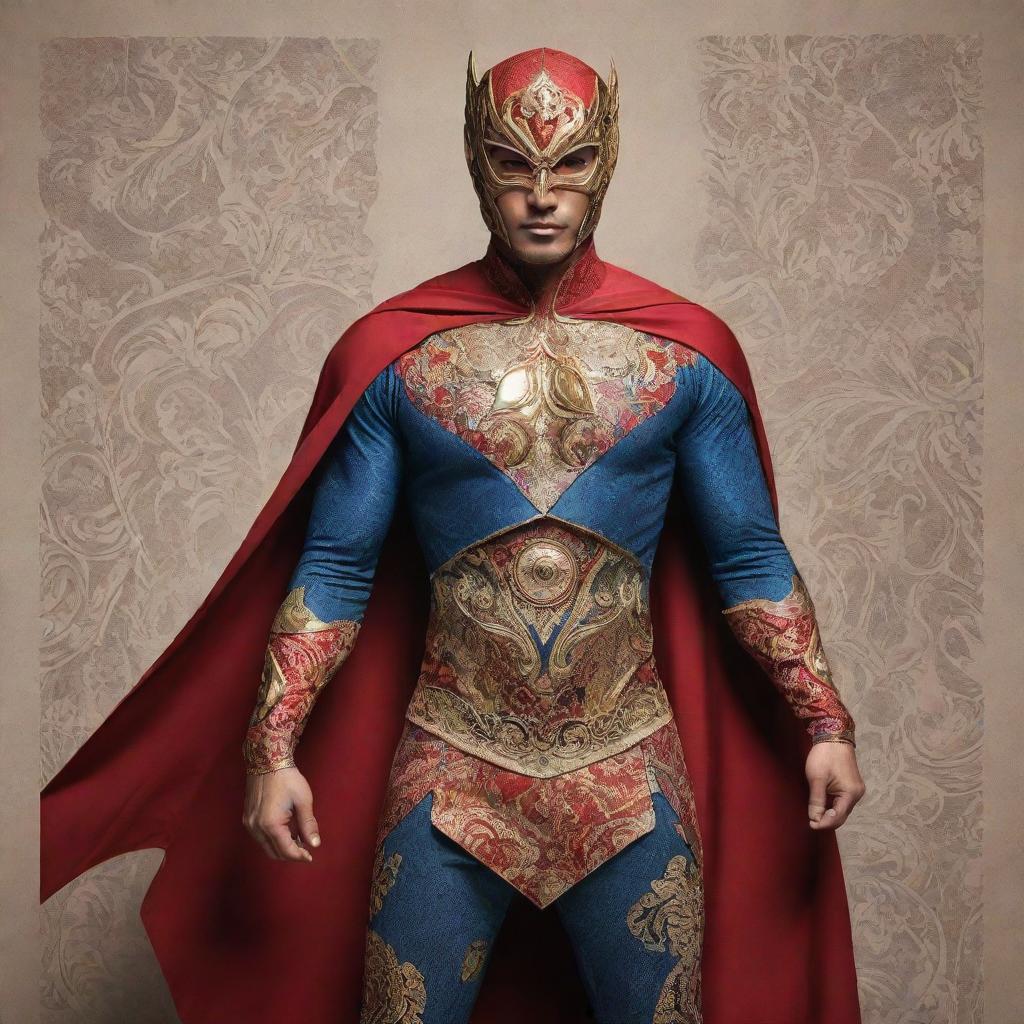 A superhero drawing inspiration from Indonesian culture, wearing a costume blended with traditional fabrics and patterns, and possessing the power of Indonesian mythological creatures