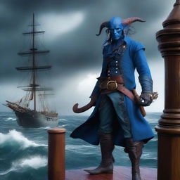 A blue tiefling pirate standing on the deck of a ship with a stormy sea in the background