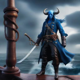 A blue tiefling pirate standing on the deck of a ship with a stormy sea in the background