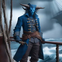 A blue tiefling pirate standing on the deck of a ship with a stormy sea in the background