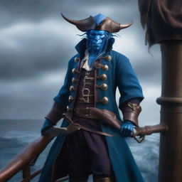 A blue tiefling pirate standing on the deck of a ship with a stormy sea in the background