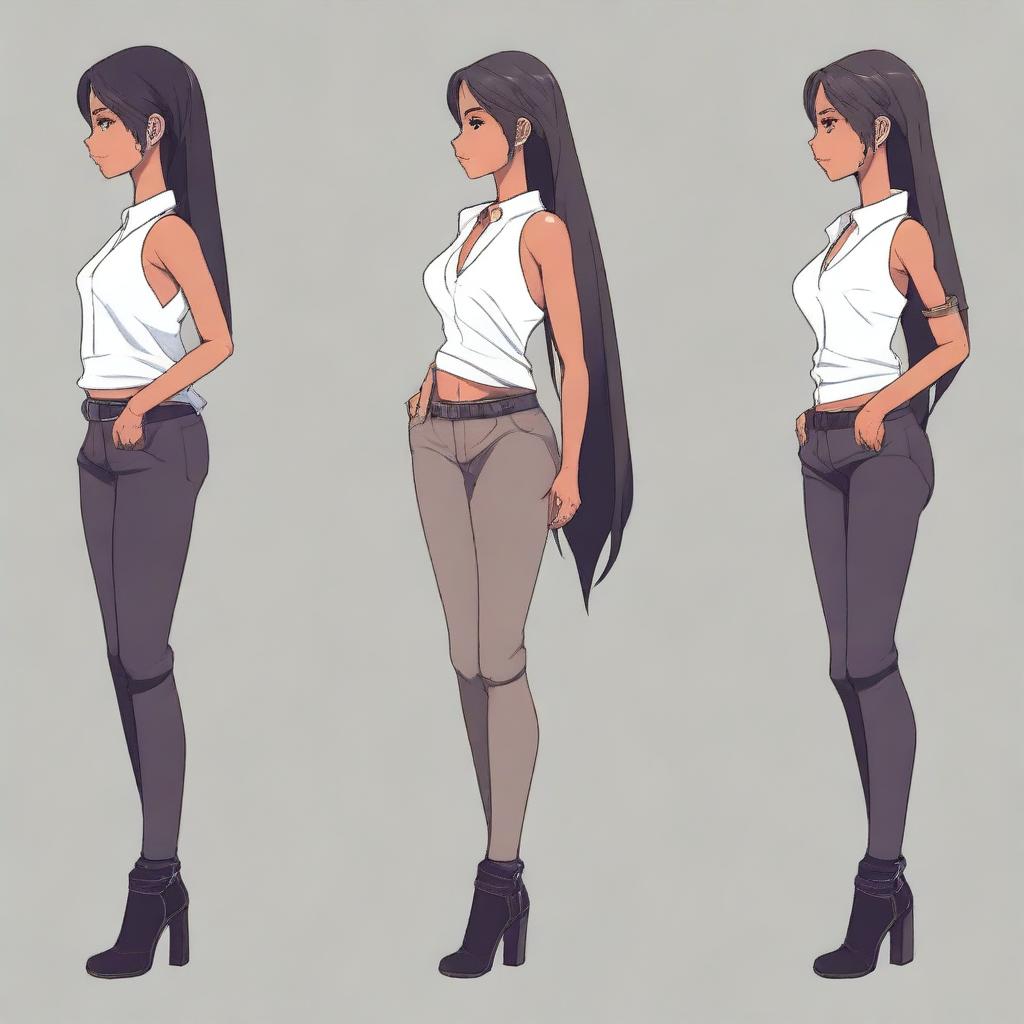 Create a detailed anime-style design of a black female character in a side view