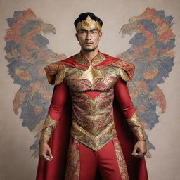 A superhero drawing inspiration from Indonesian culture, wearing a costume blended with traditional fabrics and patterns, and possessing the power of Indonesian mythological creatures