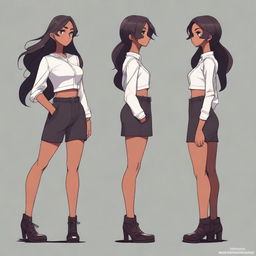 Create a detailed anime-style design of a black female character in a side view