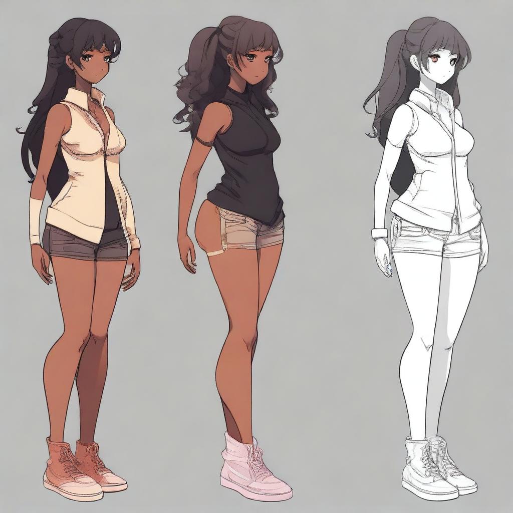 Create a detailed anime-style design of a black female character in a side view