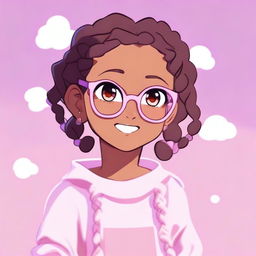 A bubbly, cute, and amazing anime-style dark-skinned girl with braided hair, brown eyes, pastel purple glasses, and a pastel pink sweater