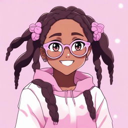 A bubbly, cute, and amazing anime-style dark-skinned girl with braided hair, brown eyes, pastel purple glasses, and a pastel pink sweater