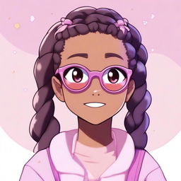 A bubbly, cute, and amazing anime-style dark-skinned girl with braided hair, brown eyes, pastel purple glasses, and a pastel pink sweater