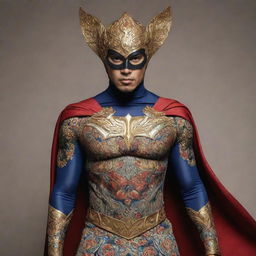 A superhero drawing inspiration from Indonesian culture, wearing a costume blended with traditional fabrics and patterns, and possessing the power of Indonesian mythological creatures