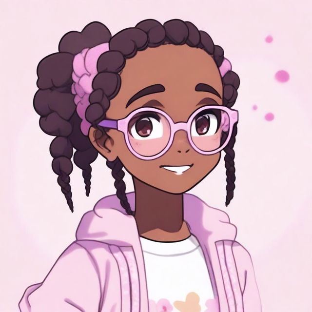 A bubbly, cute, and amazing anime-style dark-skinned girl with braided hair, brown eyes, pastel purple glasses, and a pastel pink sweater