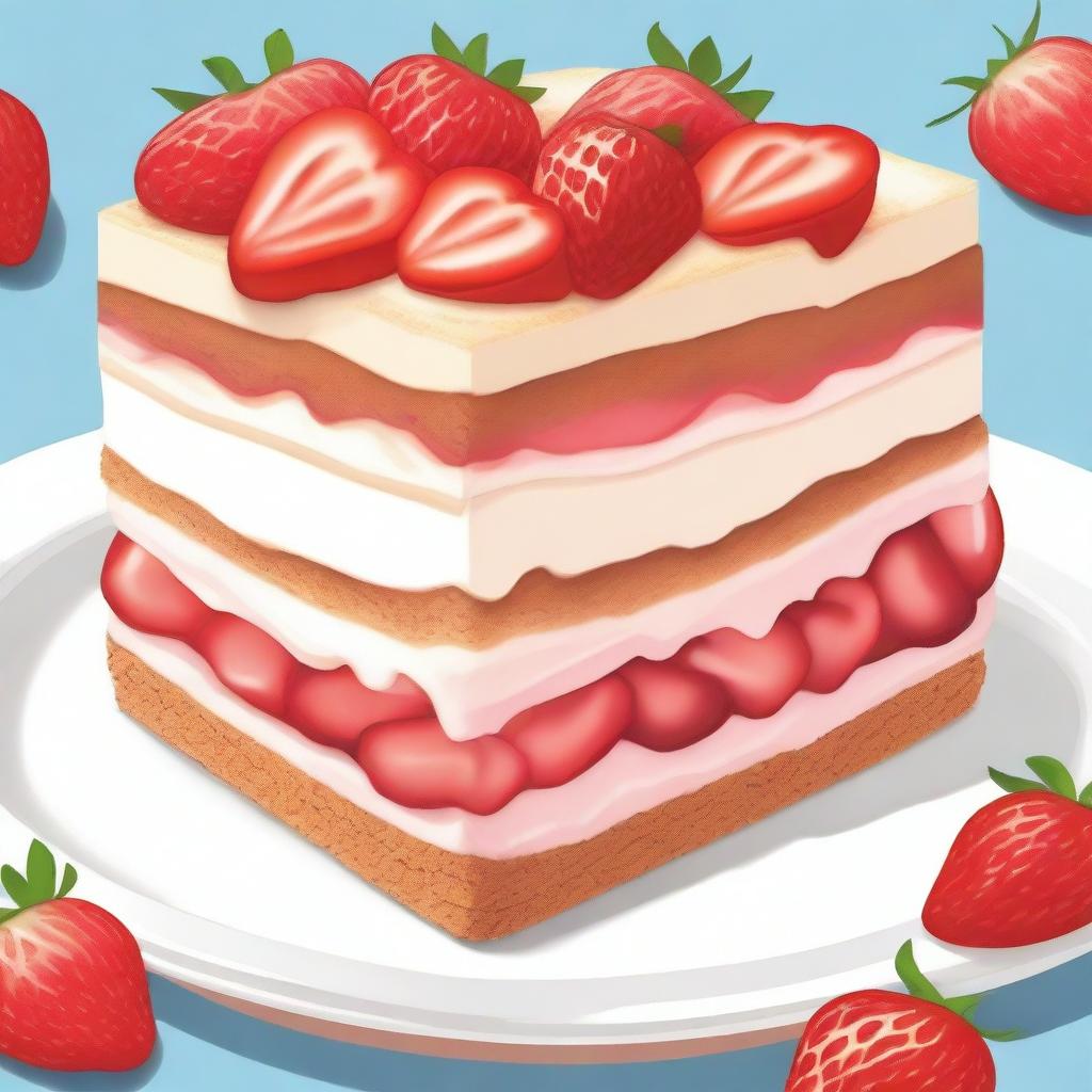 A detailed illustration of a dessert from bottom to top: a layer of diced strawberries, followed by a layer of graham cracker crust, then a layer of creamy cheesecake filling, and topped with more diced strawberries