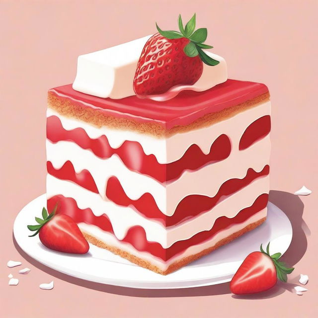 A detailed illustration of a dessert from bottom to top: a layer of diced strawberries, followed by a layer of graham cracker crust, then a layer of creamy cheesecake filling, and topped with more diced strawberries